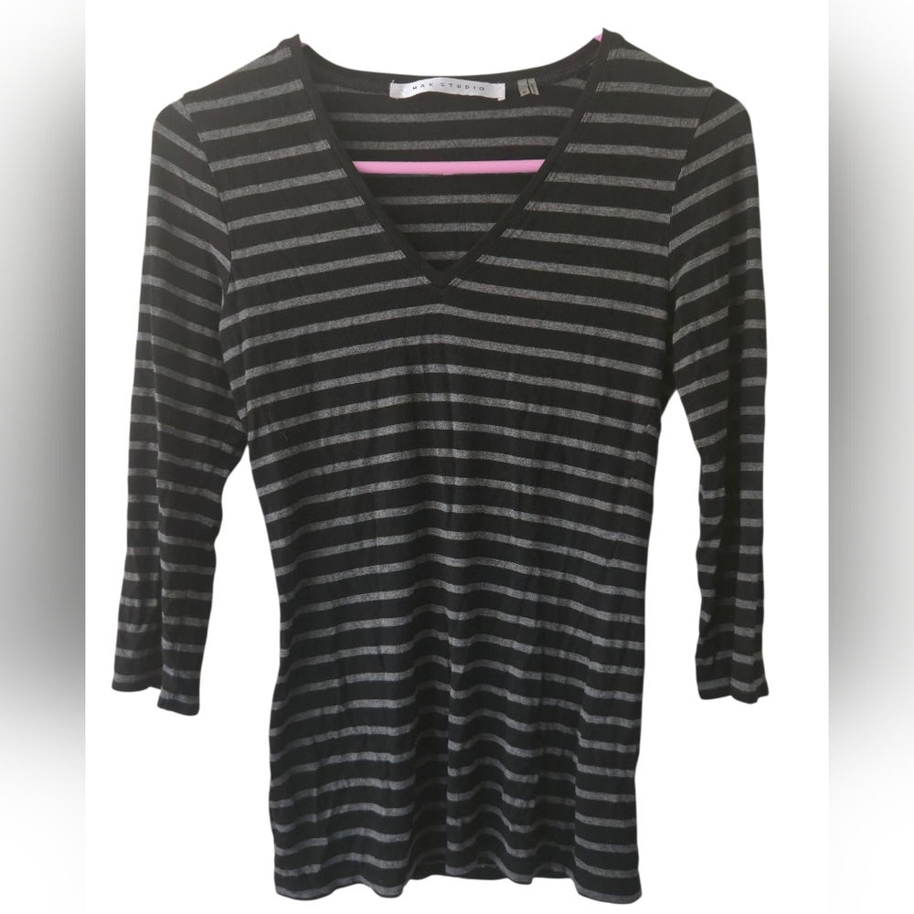 Max Studio Women’s Small V-Neck Top | Black Gray Stripe Stretch Shirt